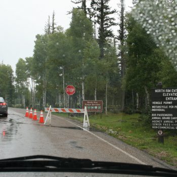 Regen, regen, bij de ingang van het park