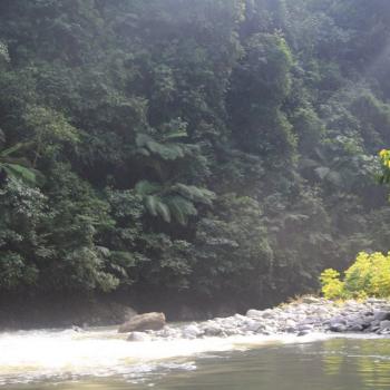 's ochtends bij de rivier na de overnachting 